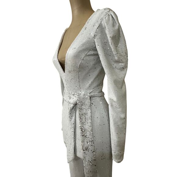 Dress the Population Jumpsuit White & Silver Sequin Long Sleeve - Picture 7 of 12